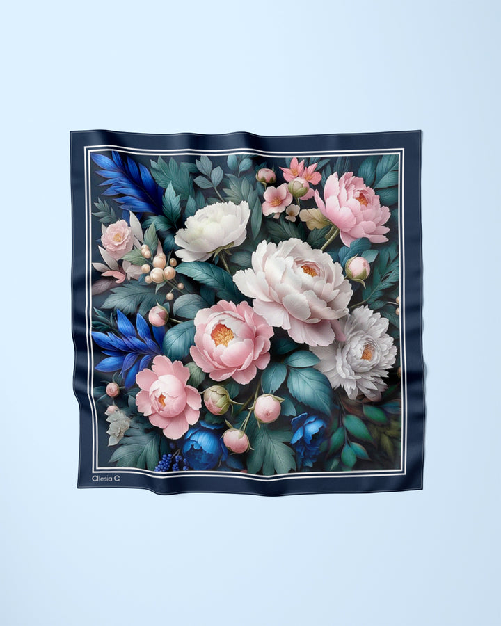 Silken Peonies Pure Silk Scarf in Cream Pink and Navy Blue – Alesia C. Floral Collection