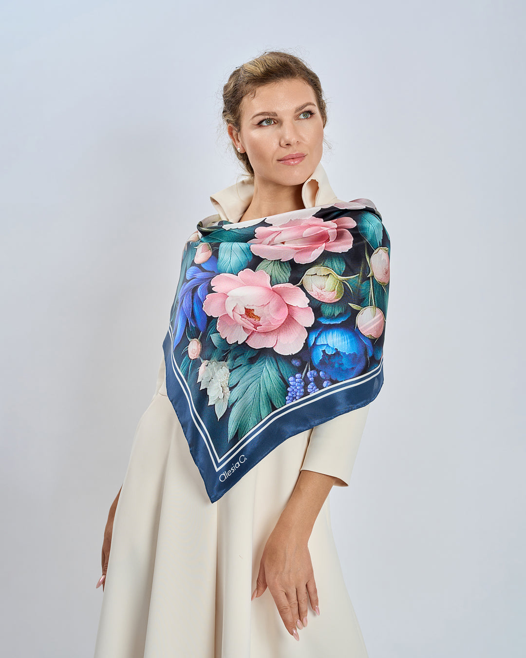 Silken Peonies Pure Silk Scarf in Cream Pink and Navy Blue – Alesia C. Floral Collection