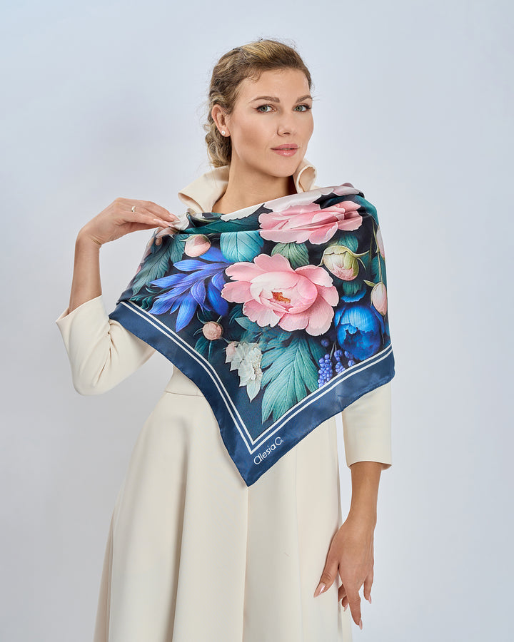 Silken Peonies Pure Silk Scarf in Cream Pink and Navy Blue – Alesia C. Floral Collection