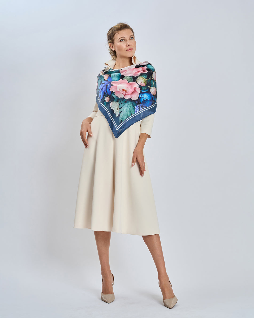 Silken Peonies Pure Silk Scarf in Cream Pink and Navy Blue – Alesia C. Floral Collection