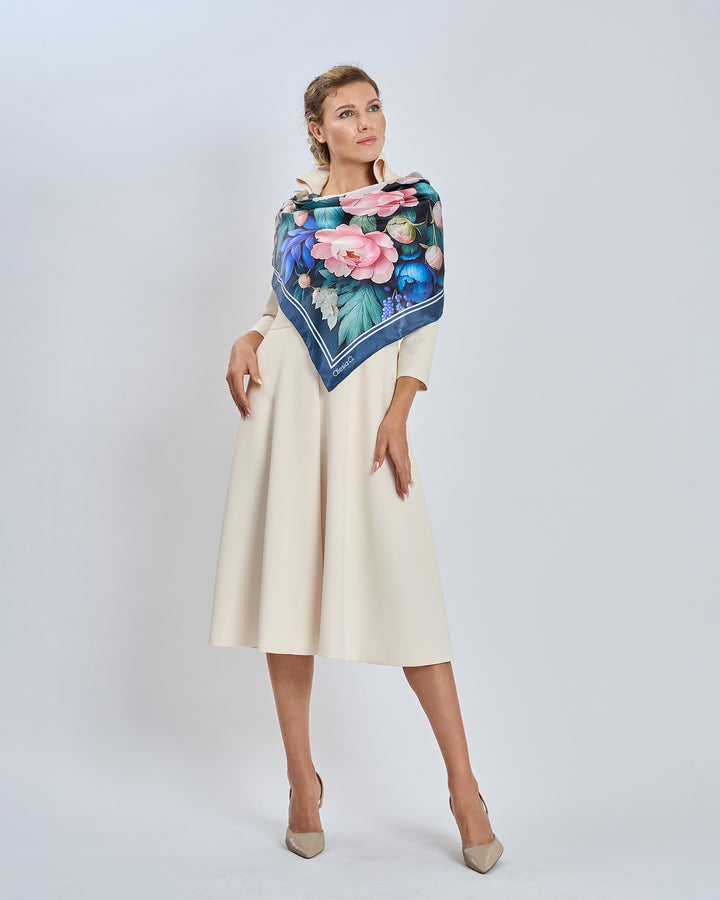 Silken Peonies Pure Silk Scarf in Cream Pink and Navy Blue – Alesia C. Floral Collection