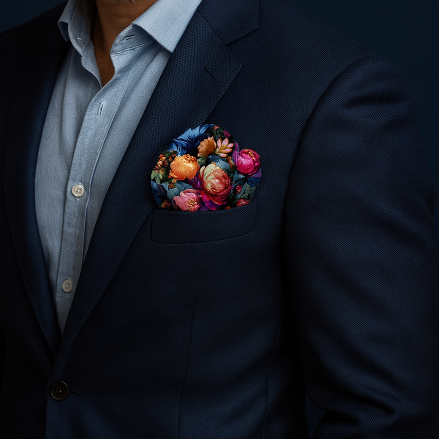 Silken Peonies Bright Silk Pocket Squares Black Multicolor 12"×12" Alesia C. Art-A-Porte Collection