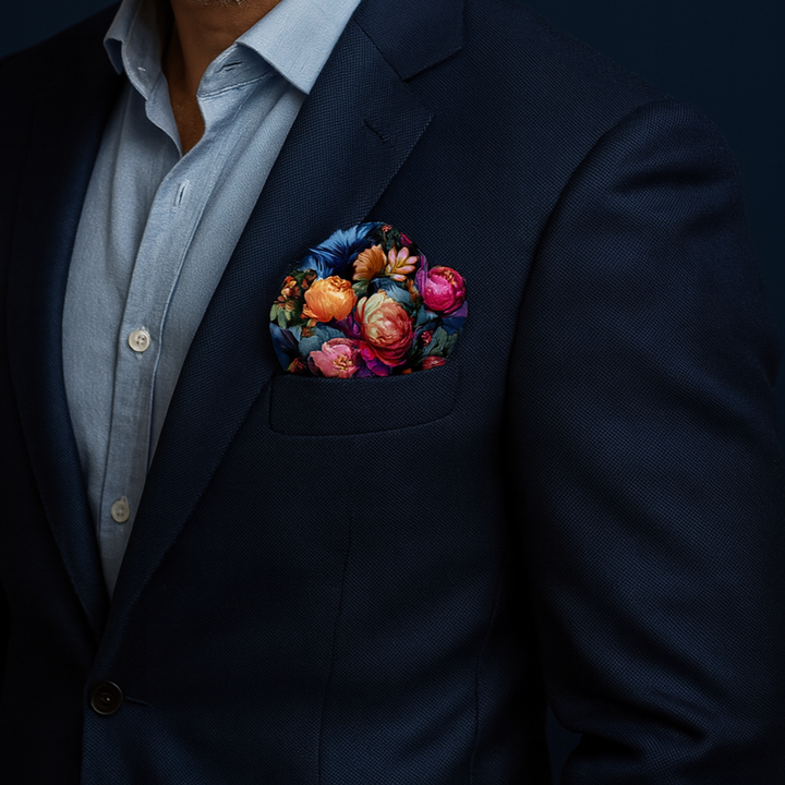 Silken Peonies Bright Silk Pocket Squares Black Multicolor 12"×12" Alesia C. Art-A-Porte Collection