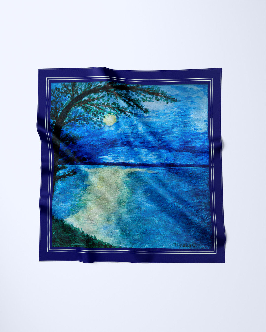 SUNRISE NAUTICAL Navy Blue Designer Silk Scarf Art A Porte by Alesia Chaika