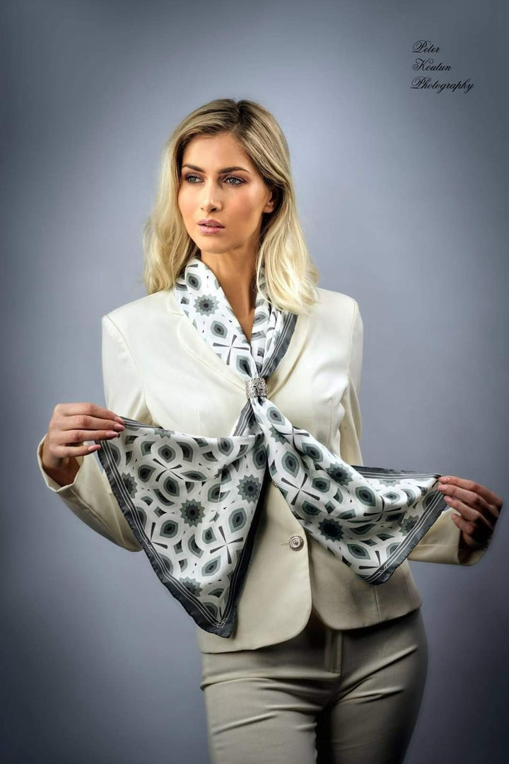 LOTUS Mandala 100% Silk Oblong Scarf in Gray White