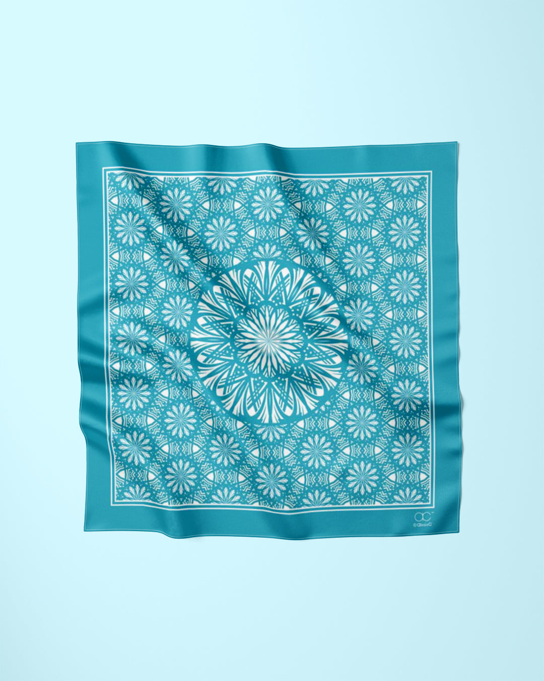 TURQUOISE WHITE SERENITY Mandala Designer Silk Scarf by Alesia Chaika AlesiaC.com