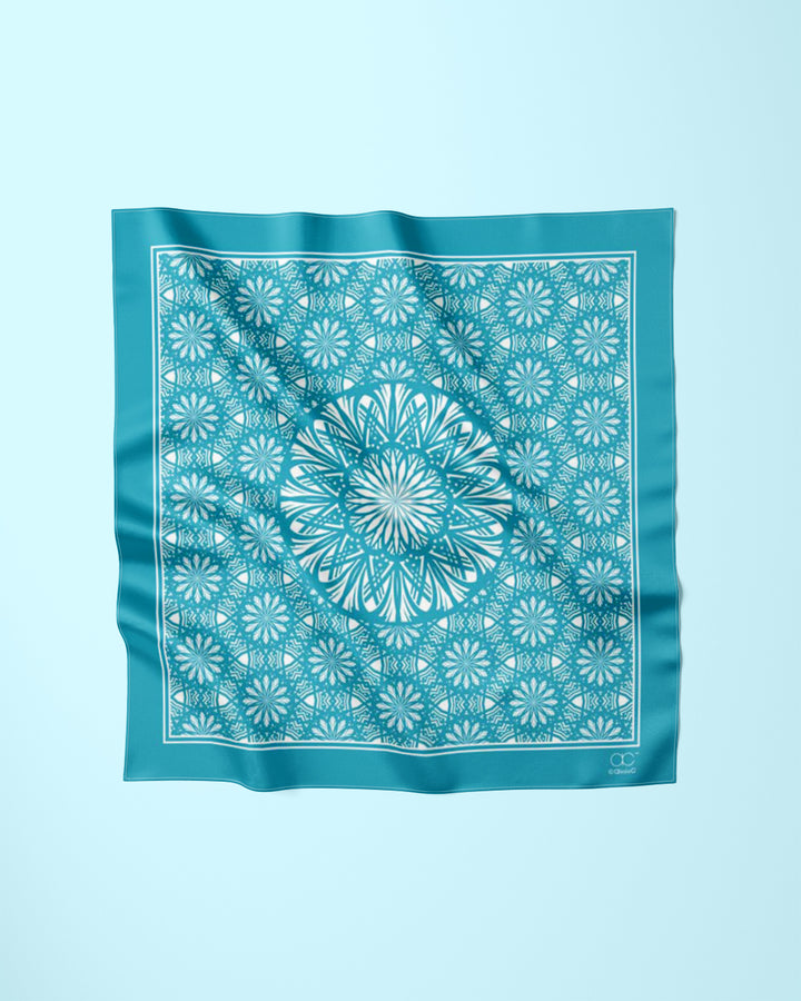 SERENITY Mandala Designer Silk Square Scarf – Turquoise White – Hand-Rolled Edges – Multiple Sizes