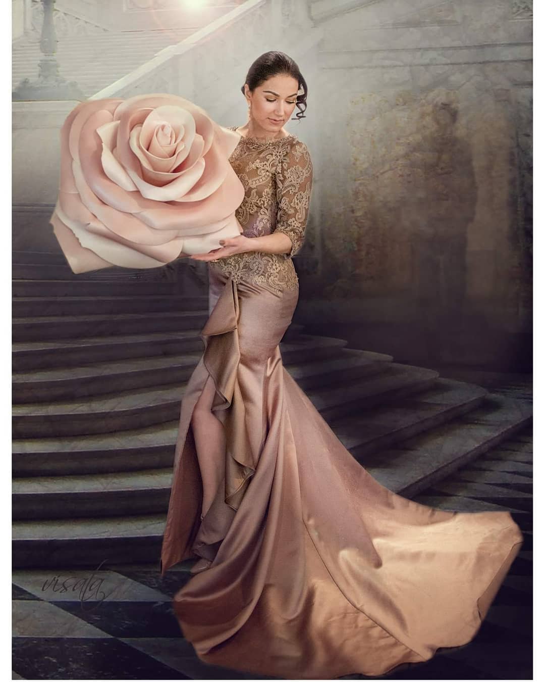 Light brown lace and satin fitted evening gow with ruffle and slit by Alesia Chaika