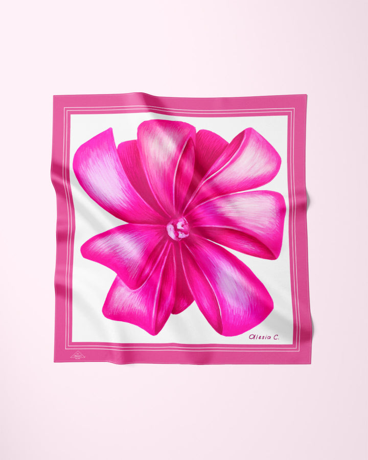 Pink Bow 100% Silk Scarf in Pink White The Copy of Original Artwork by Alesia Chaika on pure Silk Scarf AlesiaC.com