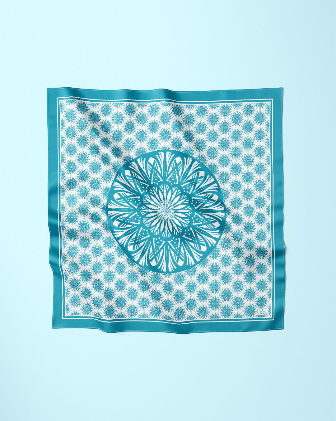 WISDOM Mandala Luxury Designer 100% Silk Square Scarf in Turquoise Blue White Print – Multiple Sizes by Alesia Chaika AlesiaC.com