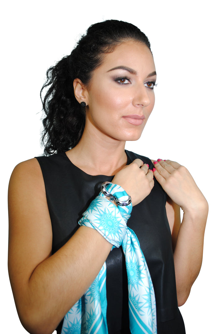 WISDOM Mandala Silk Square Scarf in Turquoise White – Multiple Sizes by Alesia Chaika