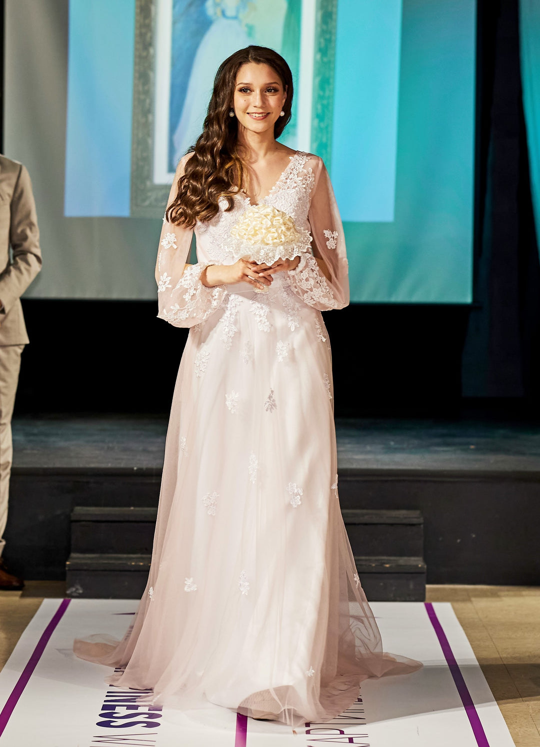 VIOLET Long Sleeves V Neck Venice Lace Blush Tulle Bridal Gown