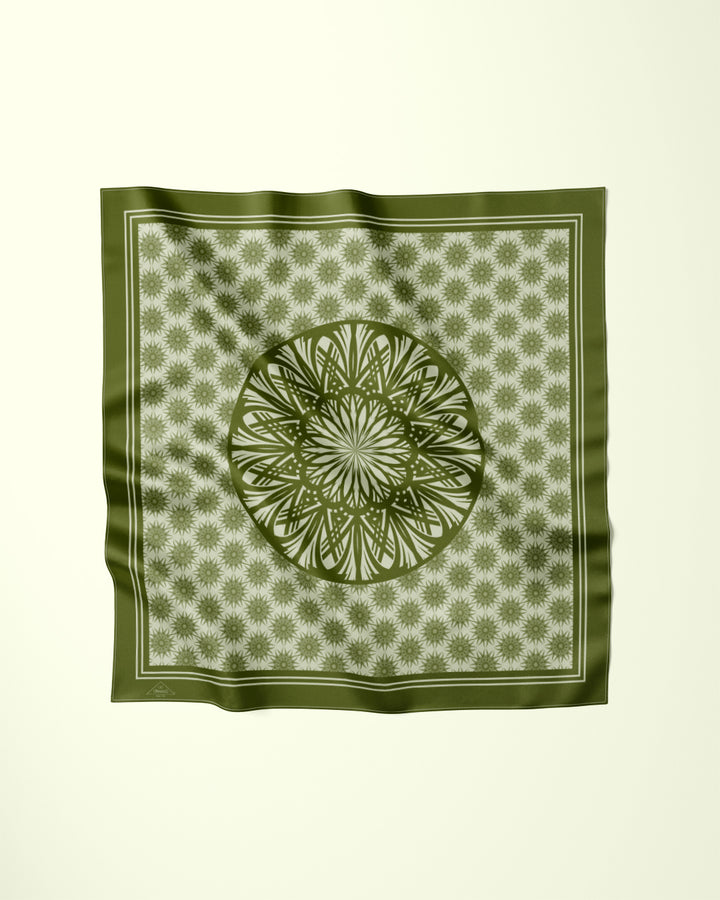 WISDOM Mandala Silk Square Scarf in Olive Sage – Multiple Sizes by Alesia Chaika