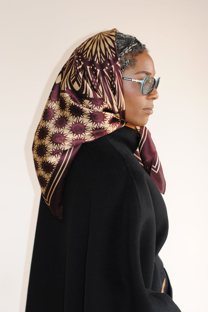 WISDOM Mandala Silk Square Scarf in Plum Beige – Multiple Sizes by Alesia Chaika