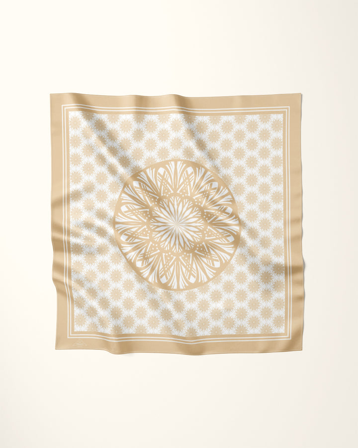 WISDOM Mandala Silk Square Scarf in Beige White – Multiple Sizes by Alesia Chaika