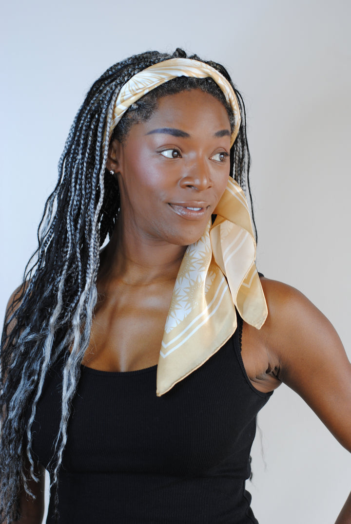 WISDOM Mandala Silk Square Scarf in Beige White – Multiple Sizes by Alesia Chaika