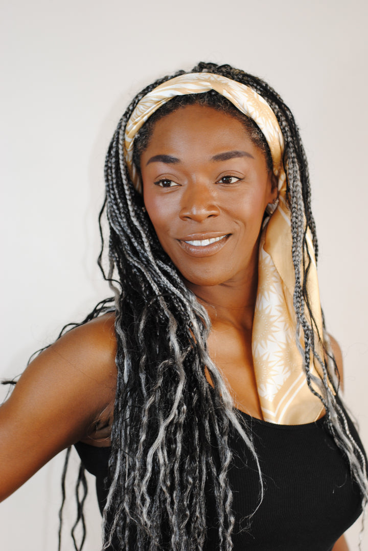 WISDOM Mandala Silk Square Scarf in Beige White – Multiple Sizes by Alesia Chaika