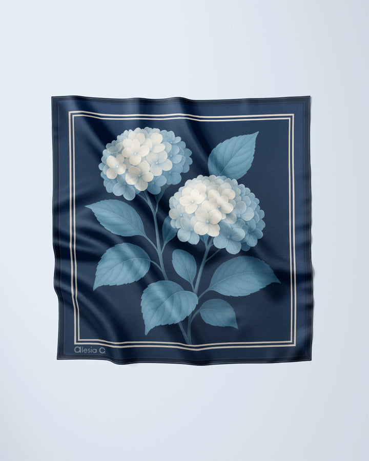 White Navy Blue Opulent Hydrangea Luxury Designer 100% Pure Mulberry Silk Square Scarf by Alesia Chaika AlesiaC.com 