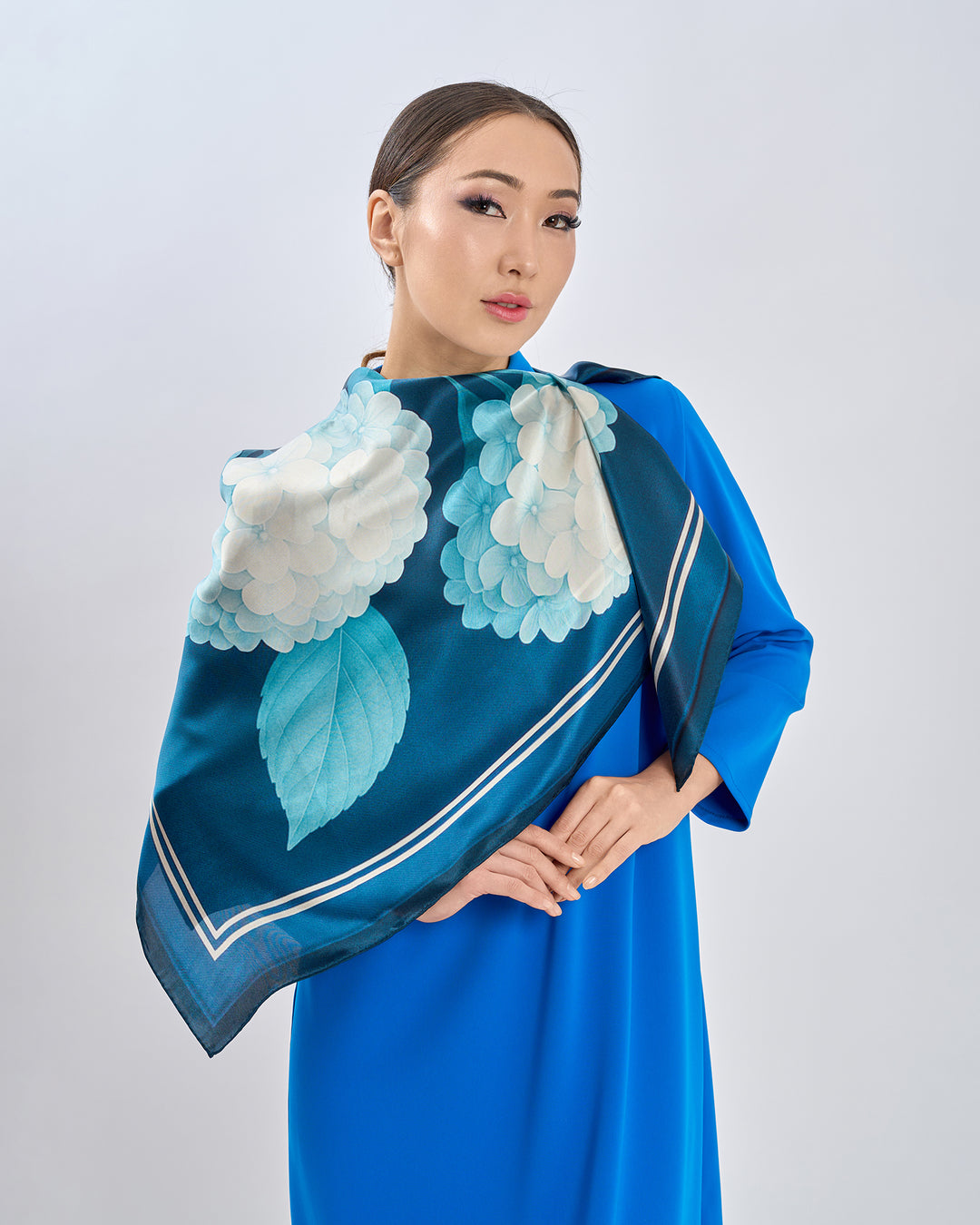 White Navy Blue Opulent Hydrangea Luxury Designer 100% Pure Mulberry Silk Square Scarf by Alesia Chaika AlesiaC.com 