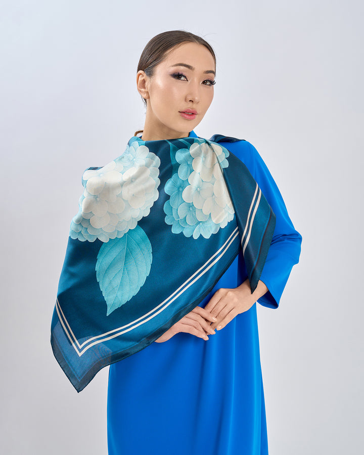 White Navy Blue Opulent Hydrangea Luxury Designer 100% Pure Mulberry Silk Square Scarf by Alesia Chaika AlesiaC.com 
