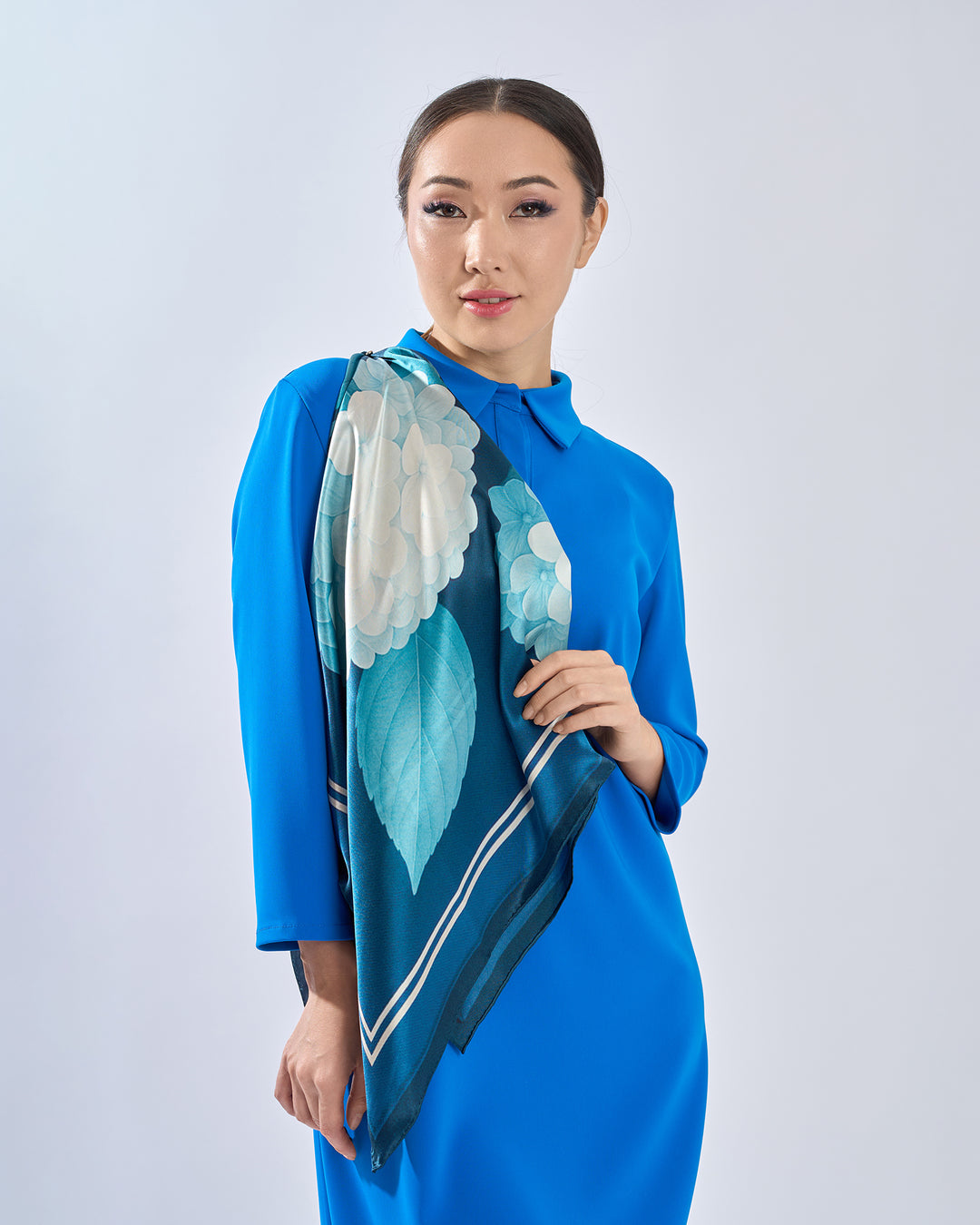 White Navy Blue Opulent Hydrangea Luxury Designer 100% Pure Mulberry Silk Square Scarf by Alesia Chaika AlesiaC.com 