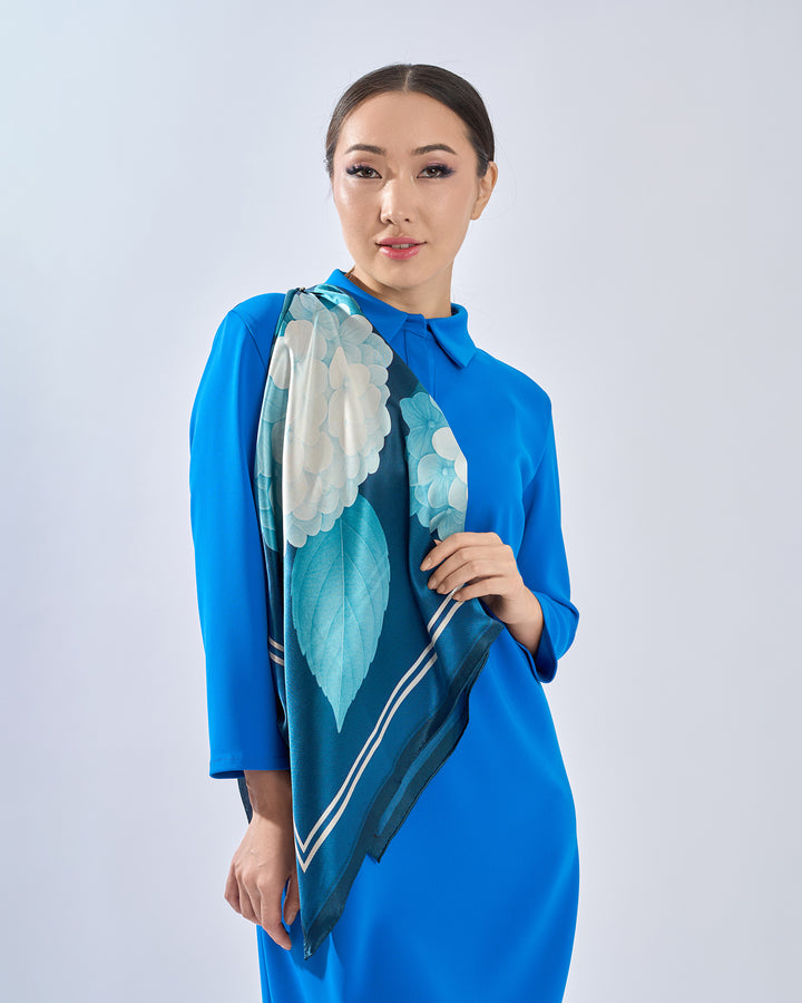 White Navy Blue Opulent Hydrangea Luxury Designer 100% Pure Mulberry Silk Square Scarf by Alesia Chaika AlesiaC.com 