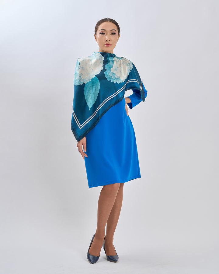 White Navy Blue Opulent Hydrangea Luxury Designer 100% Pure Mulberry Silk Square Scarf by Alesia Chaika AlesiaC.com 