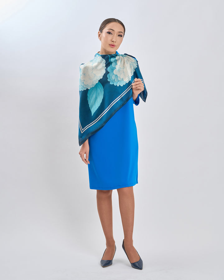 White Navy Blue Opulent Hydrangea Luxury Designer 100% Pure Mulberry Silk Square Scarf by Alesia Chaika AlesiaC.com 