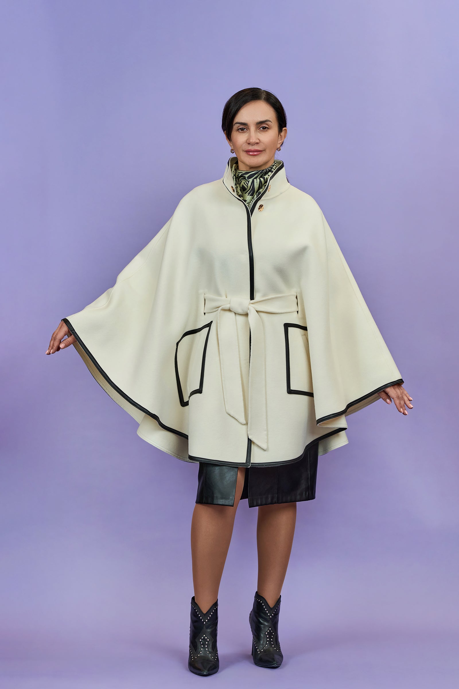 ALICE White Belted Cape Coat in Virgin Wool Cashmere Black Leather