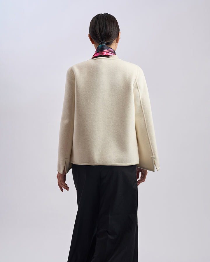 LADY AUTO Virgin Wool Short Coat - White Leather Trim