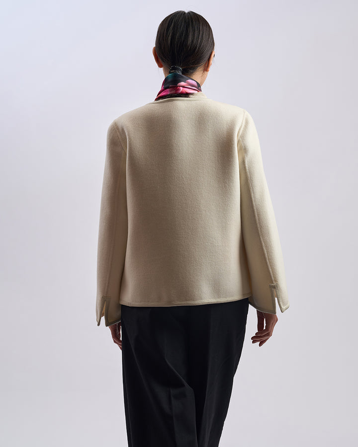 LADY AUTO Virgin Wool Short Coat - White Leather Trim