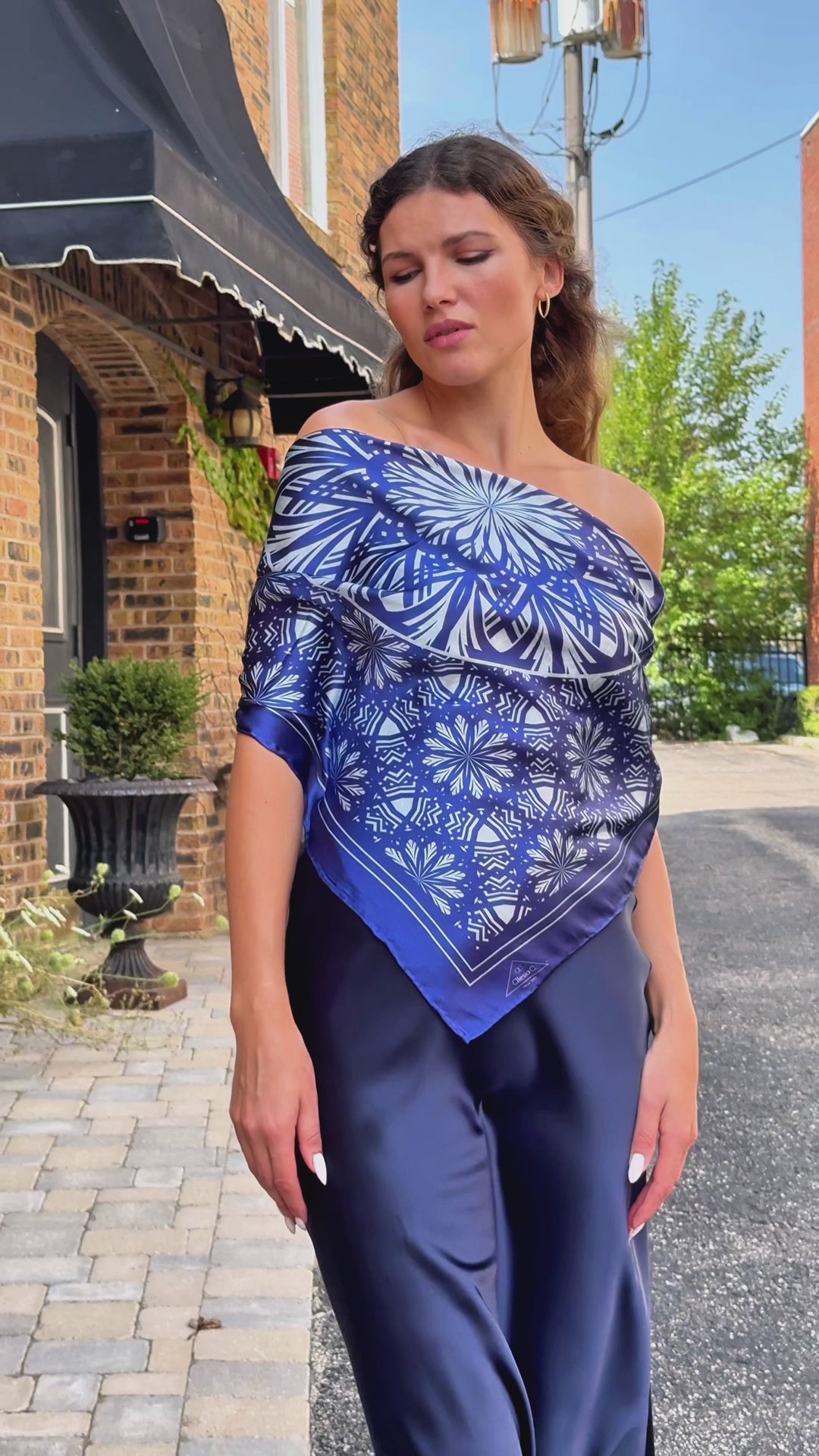SERENITY Mandala Designer 100% Silk Scarf in NAVY LIGHT BLUE by Aesia Chaika AlesiaC.com