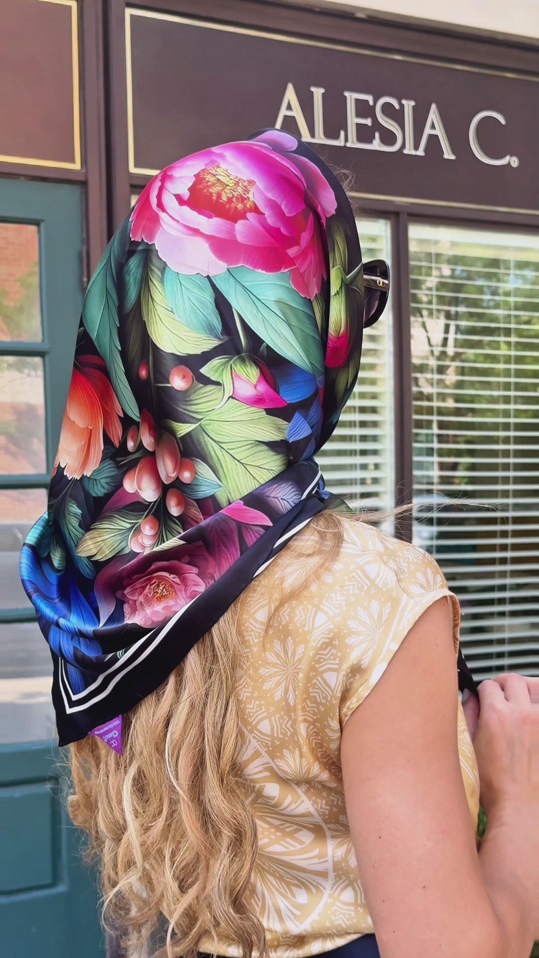 Silken Peonies Luxury Designer Pure Silk Scarf in Cream, White, Light Pink , Pastel Green Leaves on Navy Blue Background by artist and fashion designer Alesia Chaika Floral Collection AlesiaC.com