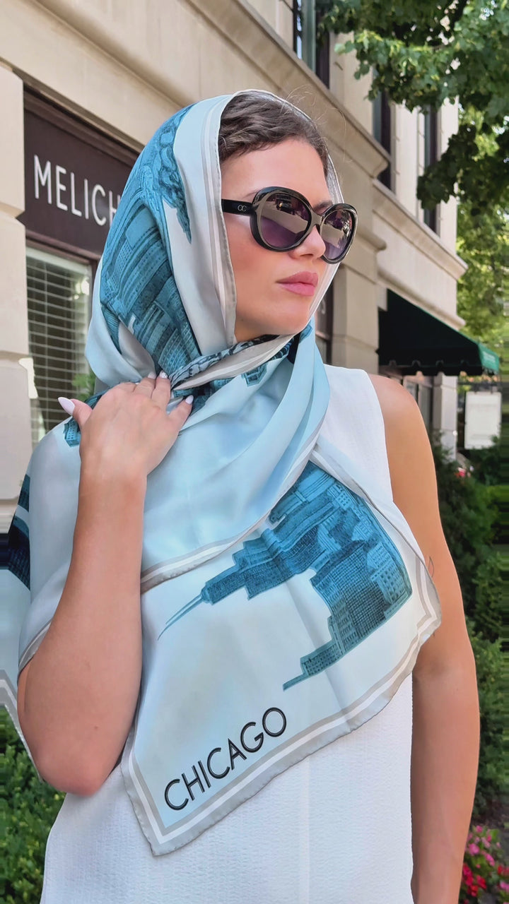 Chicago Skyline Mulberry Silk Charmeuse Scarf – Rectangle – Blue and White