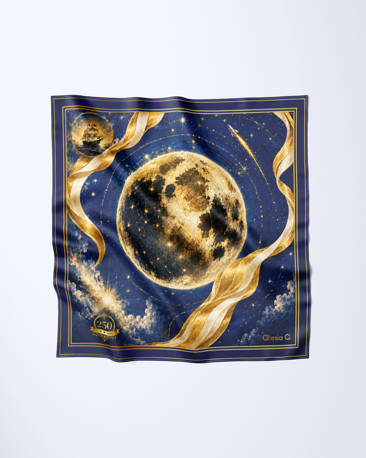 TO NEW HEIGHTS™ America 250 12 x 12 mulberry silk pocket square by Alesia C., featuring navy and gold ship-to-moon artwork celebrating the USA 250th anniversary, 1776–2026.