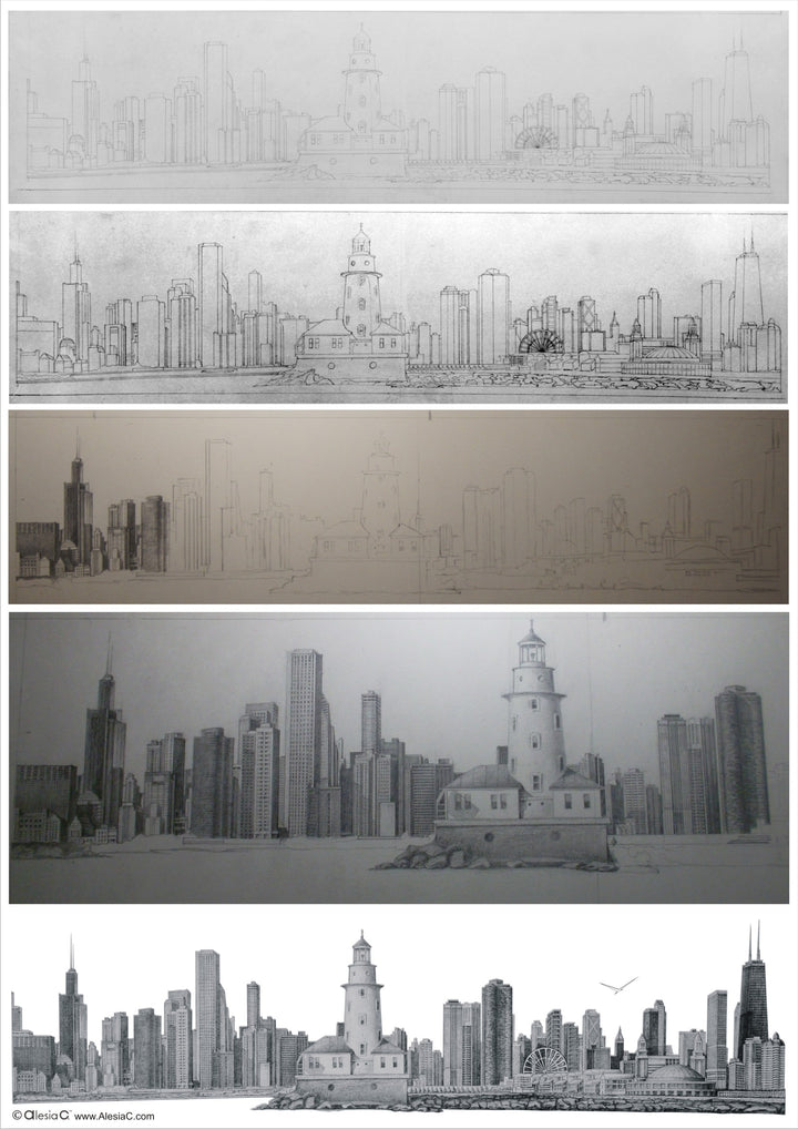 Chicago Pencil Illustration Original Fine Art by Alesia Chaika and Stepan Kalinousky Iconic Chicago Skyline Artwork 