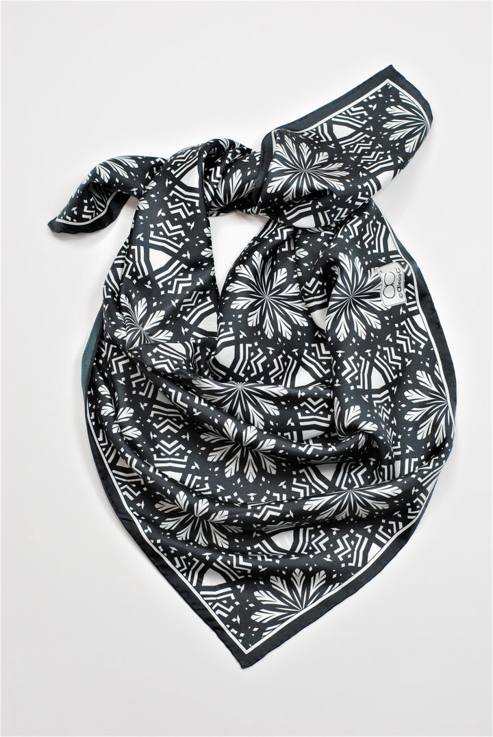 Aster Mandala Pure Silk Scarf in Black White by Alesia Chaika AlesiaC.com