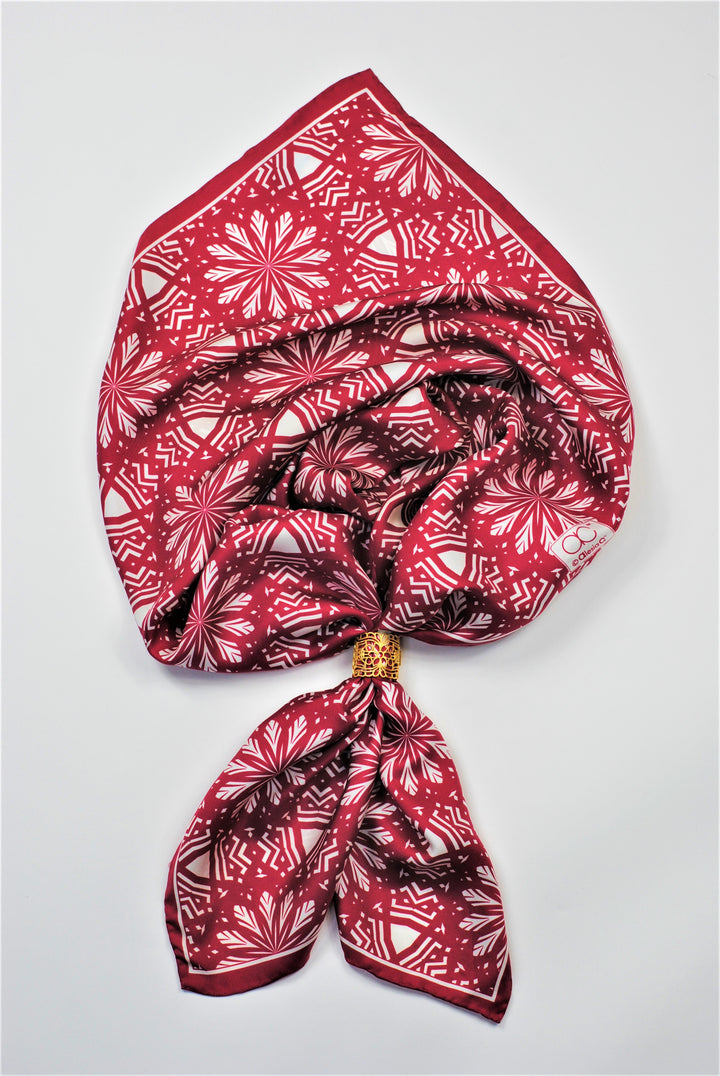 ASTER Mandala Art Pure Silk Square Scarf in Burgundy White by Chicago Fashion Designer Alesia Chaika