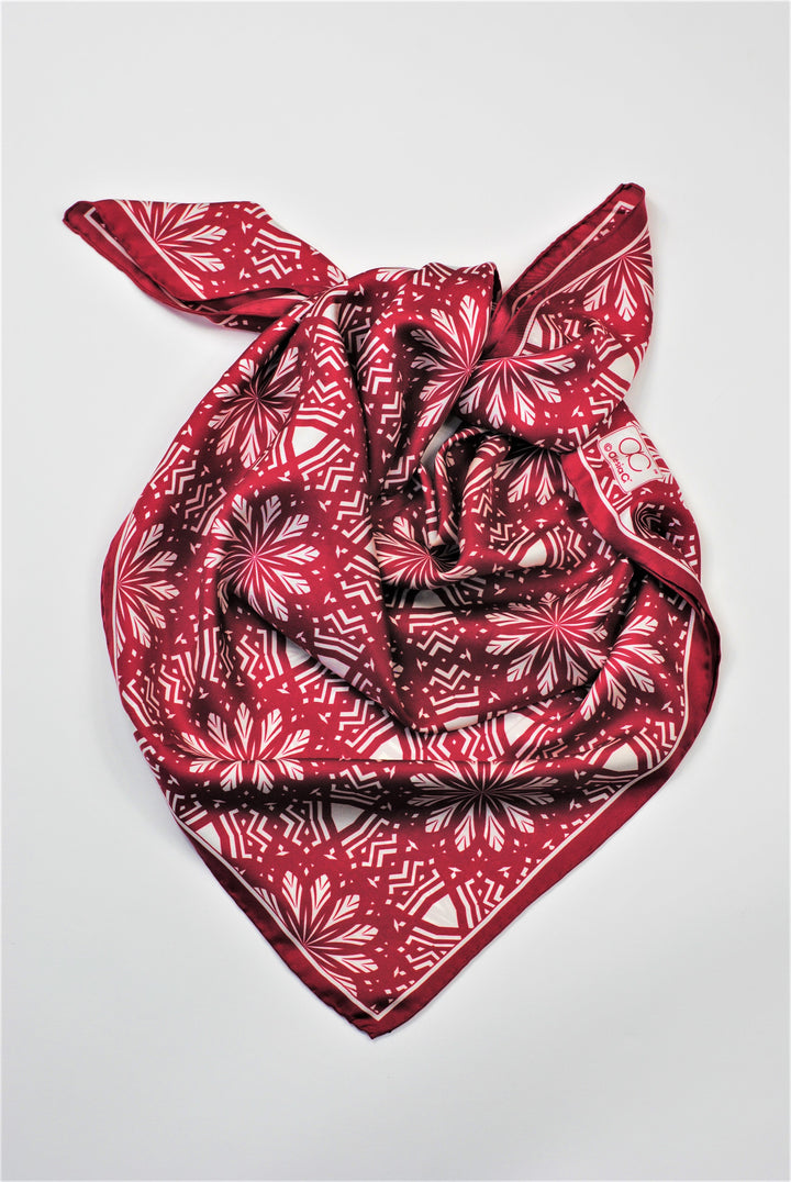 ASTER Mandala Art Pure Silk Square Scarf in Burgundy White by Chicago Fashion Designer Alesia Chaika