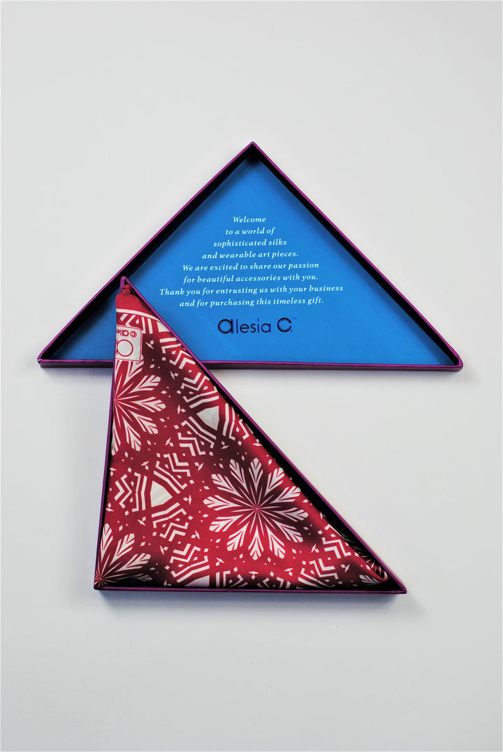 ASTER Mandala Art Pure Silk Square Scarf in Burgundy White by Chicago Fashion Designer Alesia Chaika