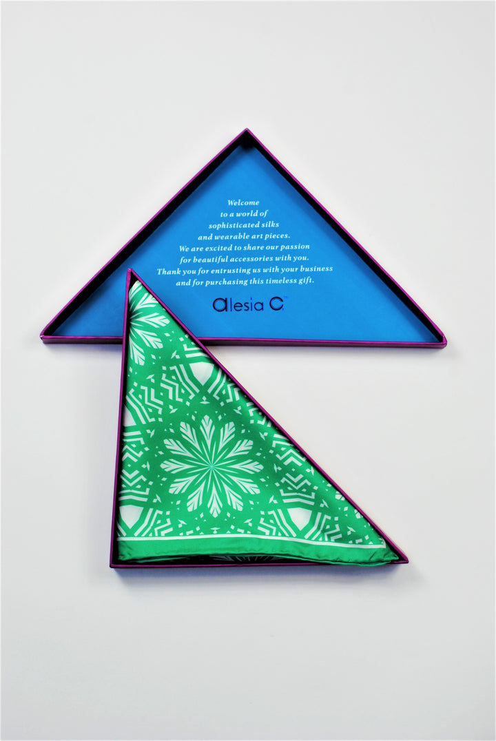 ASTER Spiritual Mandala Art Pure Silk Square Scarf in Green White by Chicago Fashion Designer Alesia Chaika Best Gift For Her