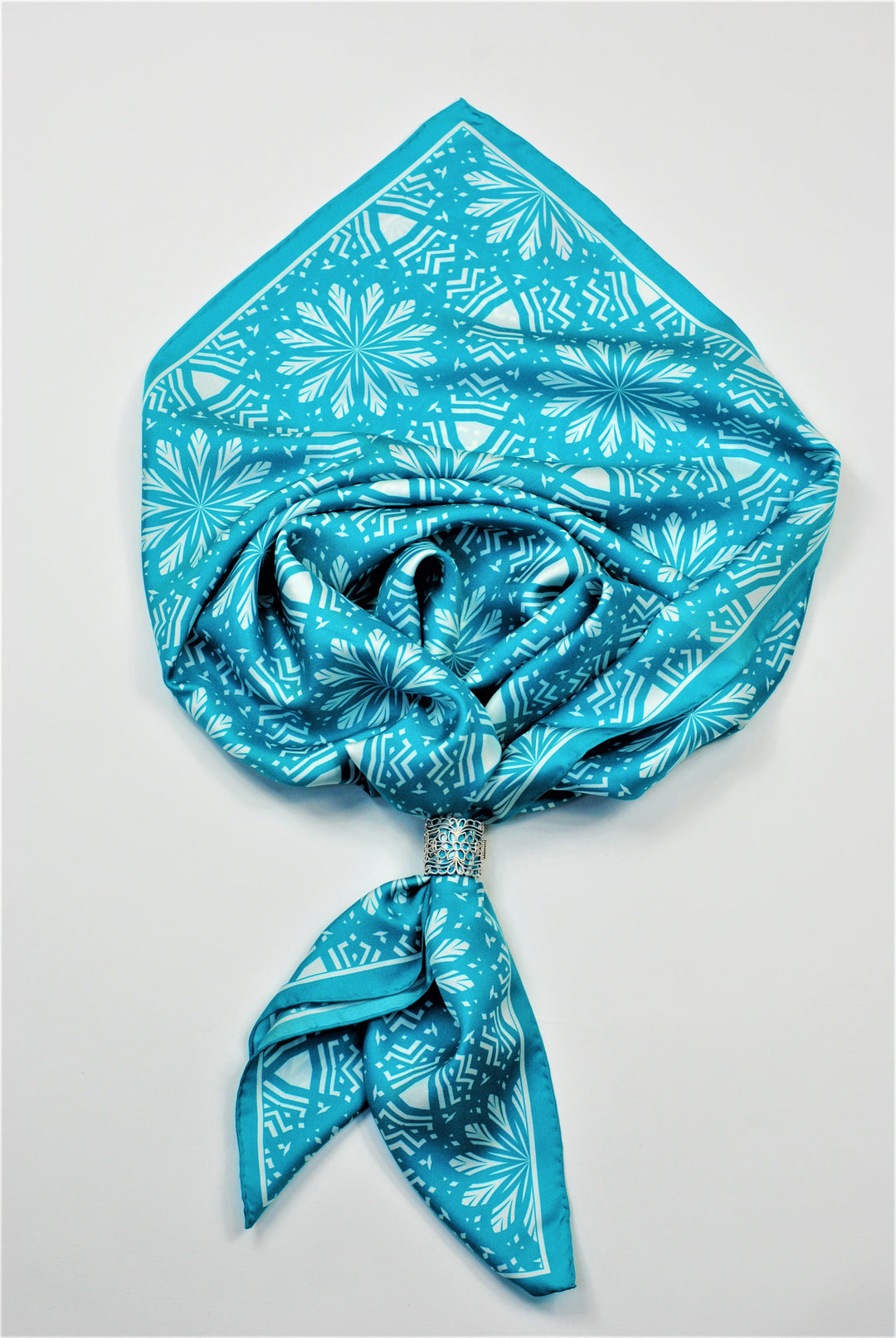 ASTER Spiritual Mandala Art Pure Silk Square Scarf in Turquoise White by Chicago Fashion Designer Alesia Chaika Best Gift For Her For Mom