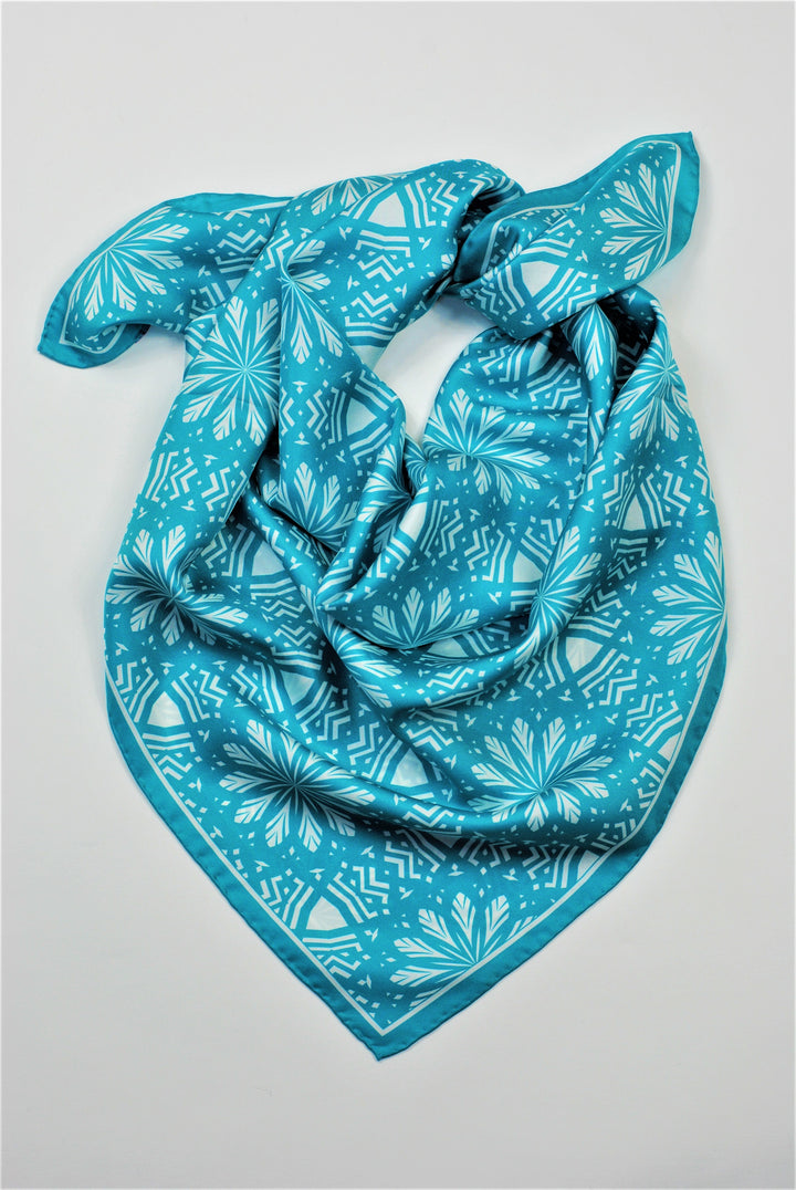 ASTER Spiritual Mandala Art Pure Silk Square Scarf in Turquoise White by Chicago Fashion Designer Alesia Chaika Best Gift For Her For Mom