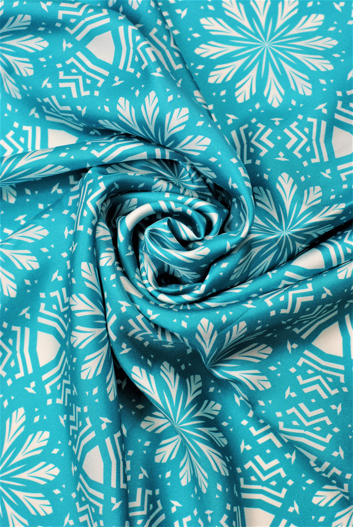 ASTER Spiritual Mandala Art Pure Silk Square Scarf in Turquoise White by Chicago Fashion Designer Alesia Chaika Best Gift For Her For Mom