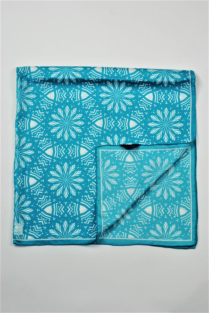 ASTER Spiritual Mandala Art Pure Silk Square Scarf in Turquoise White by Chicago Fashion Designer Alesia Chaika Best Gift For Her For Mom