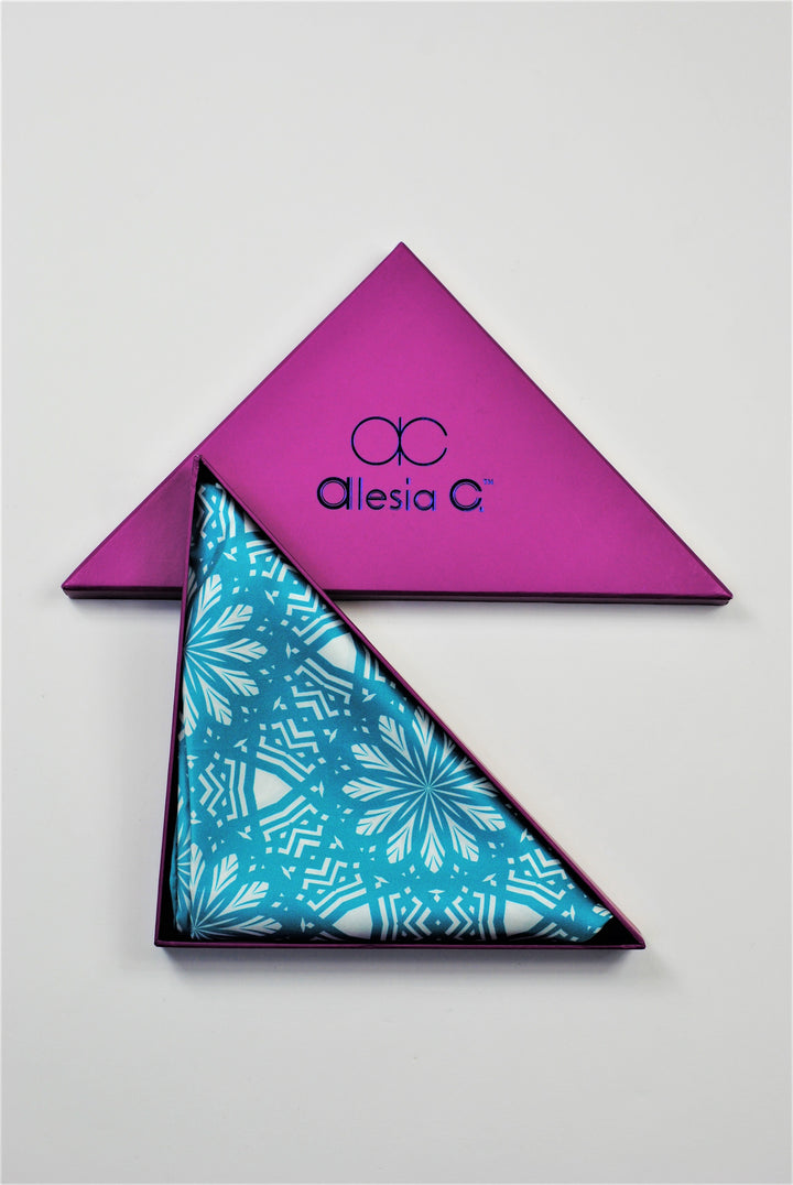 ASTER Spiritual Mandala Art Pure Silk Square Scarf in Turquoise White by Chicago Fashion Designer Alesia Chaika Best Gift For Her For Mom
