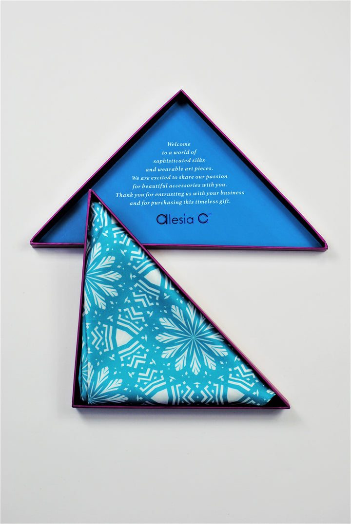 ASTER Spiritual Mandala Art Pure Silk Square Scarf in Turquoise White by Chicago Fashion Designer Alesia Chaika Best Gift For Her For Mom