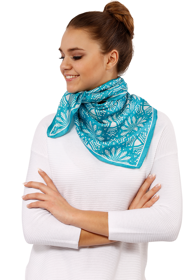 ASTER Spiritual Mandala Art Pure Silk Square Scarf in Turquoise White by Chicago Fashion Designer Alesia Chaika Best Gift For Her For Mom