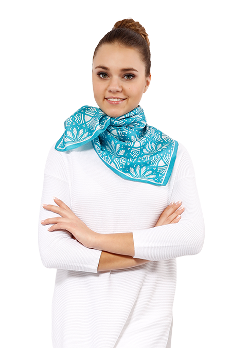 ASTER Spiritual Mandala Art Pure Silk Square Scarf in Turquoise White by Chicago Fashion Designer Alesia Chaika Best Gift For Her For Mom