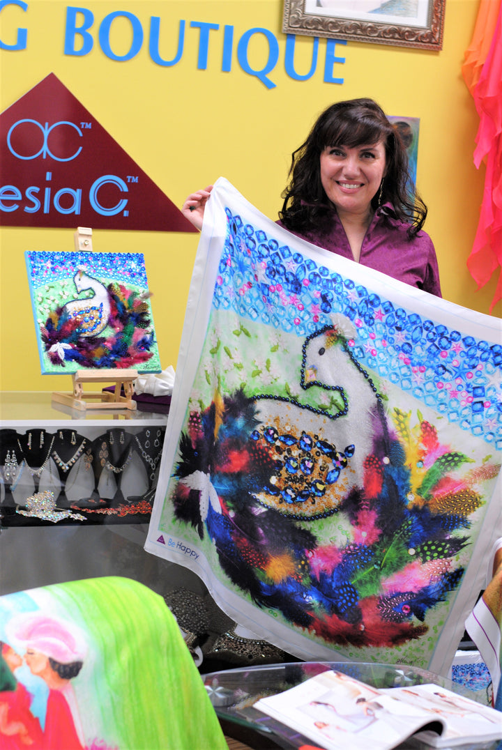Fine Art Copy Best Gift For her BE HAPPY Wearable Art Pure Silk Scarf Bird Of happiness Bright 100% Silk Shawl by Chicago Fashion Designer Alesia Chaika